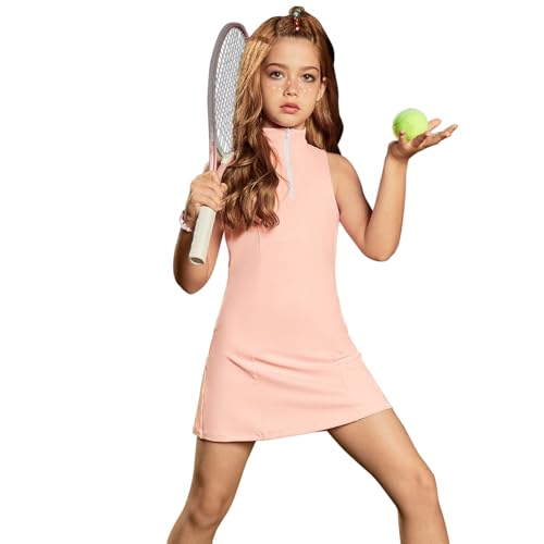 Image of Perfashion Girls Tennis Dress 1 /4 Zip Golf Outfit Built-in Bra & Shorts Pickleball Athletic Dress Workout Pockets 4-13Y