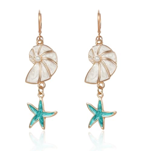 Dangle Gold Starfish Earrings for Women Starfish Seahorse Shell Earrings Drop Sea Shell Seashell Starfish Statement Earrings with Pearl Turquoise Tassel Chain Ocean Summer Vacation Beach Jewelry Gift