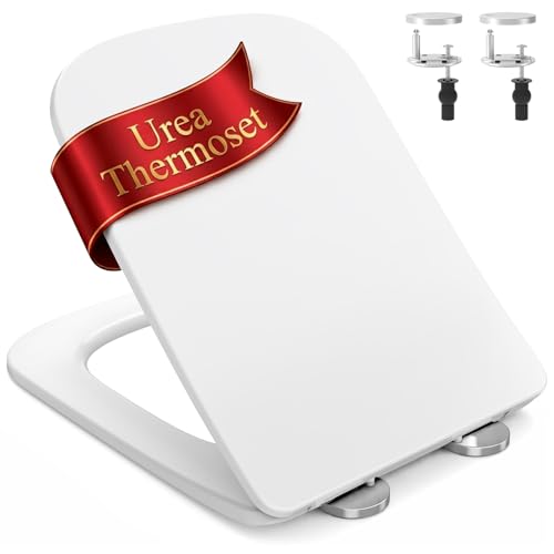 SURFOU Toilet Seat Soft Close Square-Shaped Heavy Duty UF/Duroplast Quick Release for Easy Cleaning Scratch Resistant White Bathroom Seat Supports up to 200 kg Stable with Rubber Fixings
