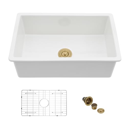 Mocoloo 30 Inch White Undermount Kitchen Sink - 30 x 18 Farm Sink Porcelain Single Bowl Ceramic Farmer Style Fireclay White Farmhouse Sinks with Gold Offset Strainer, Dual Mount Installation