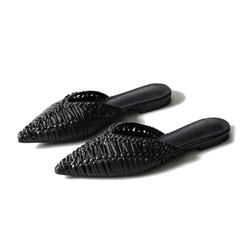 JANSEVEN Woven Flats Raffia Mules for Women Pointed Closed Toe Casual Slides Slip On Comfortable Dress Shoes