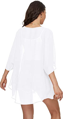 Image of Indian Trendy Women's Solid Puff Sleeve Kimono Cardigan Loose Cover Up Casual Blouse Top Chiffon