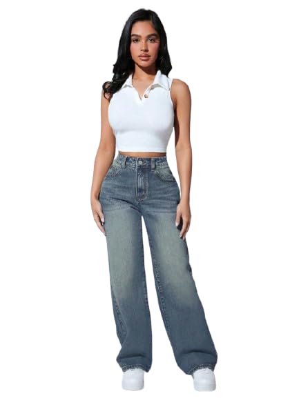 Women’s Wishker Wash Wide Leg Denim Jeans | Regular Fit Pants | Stylish and Comfortable Washed Look Jeans for Casual Outfits-image-21