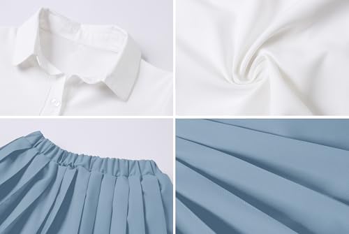 Image of Betusline Girls Skirt Set JK School Uniform 2-Piece Outfit - Short Sleeve Shirt with Bow & Pleated Skirt 4T-14Y