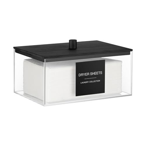 Acrylic Dryer Sheet Holder with Lid, Clear Laundry Sheets Container with 27 Labels, Pods Storage for Laundry Room Organization - Black