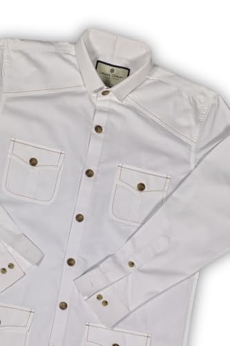 Image of LATEST CHIKAN Men's White Safari Overshirt | Full Sleeve Button-Up with 4 Pockets & Contrast Stitching | Breathable Cotton Casual Wear |