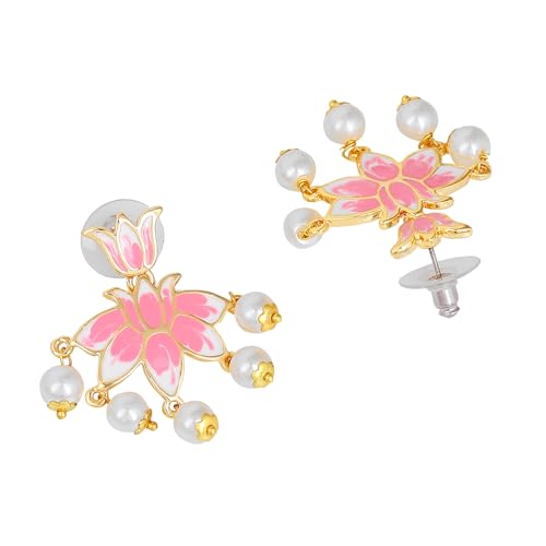 Lotus Pink Plated Earrings with Pearl Drop
