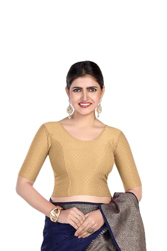 Image of FINESTFIT Round Neck Stretchable Elbow Sleeve Readymade Saree Blouse for Women, 100% Cotton Dobby Fabric