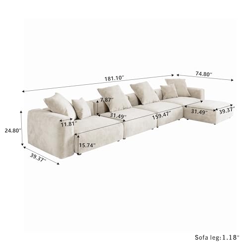 Oversized Modular Sectional Sofa with Ottomans,5 Seater Corduroy L Shaped Reversible Corner Couch,181.1" Convertible Sofa & Couch Free Combination for Living Rooom,Beige