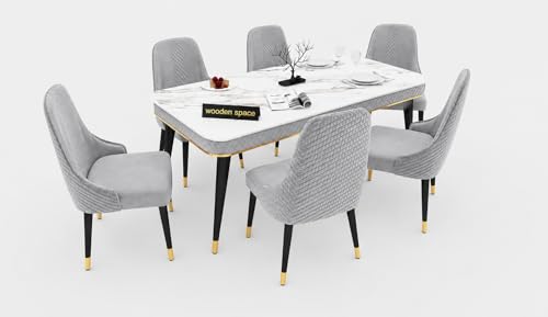 Image of WOODEN SPACE 6-Seater Wooden Dining Table Set | Nano Composite Marble Top | Solid Wood Base | Modern Dining Room Furniture with 6 Chairs (Light Grey Modern Vento)
