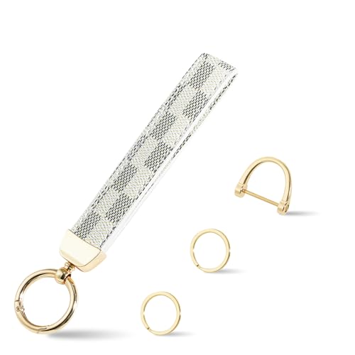 Weixiltc Leather Wristlet Keychain, Car Key Chain Holder with 2 Key Ring & Anti-Lost D Ring, Key Fob Wristband for Women (Z-Black Plaid)