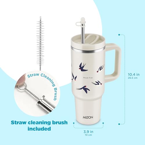 Image of MILTON Malmo 1200 Thermosteel Double Wall Vacuum Insulated Stainless Steel Tumbler with Handle 1100ml, Travel Mug with Straw,Silicon Cap,Cleaning Brush,Hot & Cold Beverage Flask,Birds Cream