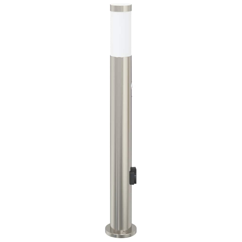 Lampada a colonna con sensore e presa, 80 cm, in acciaio inox, IP44, resistente alle intemperie, sensore di movimento, moderna illuminazione da giardino, lampada da terra per terrazze e