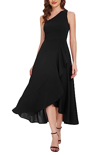 Dressystar Women's 2023 Summer Wedding Guest Cocktail One Shoulder Solid Color Prom Dress Sleeveless Slit Split Party Formal Dresses LM75 Black M