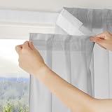RYB HOME Sheer Curtains Adhesive No Drill Decorative for Window with Tie Back, Home Decor Light Filtering Easy to Install for Bedroom Living Room, Light Grey, W 35 x L 48, 1 Panel