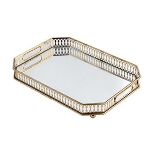 Plateau de service en métal à angle droit - Doré - Avec miroir - Décoratif - Plateau de service multifonction - 35 x 25 x 5 cm - Verre miroir en métal - Pour aliments, boissons, bijoux, clés