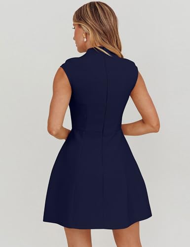 Image of YMDUCH Women's Summer Cap Sleeve Mock Neck Slim Fit A-line Mini Party Dress Navy