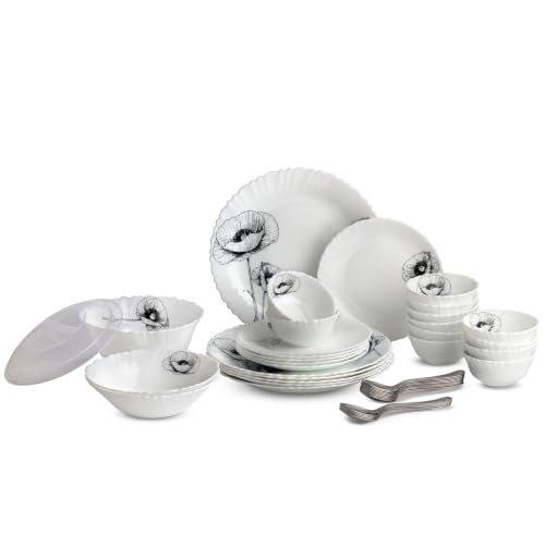 Image of CELLO Wild Poppy Dazzle Series Opalware Dinner Set of 40 Pieces for Family of 6 | Bone-Ash Free & Leadfree Opal Glass, Microwave & Dishwasher Safe Plates & Bowls Crockery Set for Dining & Gifting
