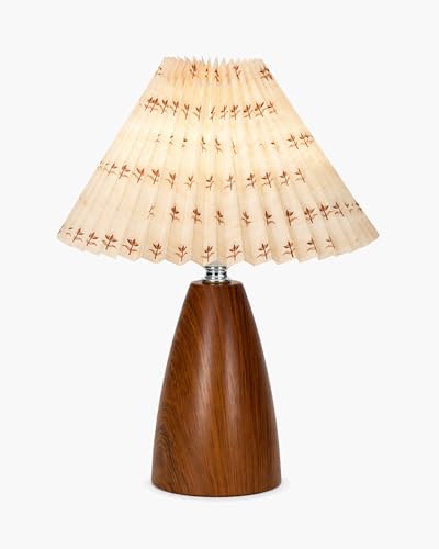 Image of Homesake Wood Grain Pattern Small Table Lamp, Desk Light, Wooden Bedroom Lamps for Nightstand, Scalloped Lamp Shade Table Lamps Small Spaces, Bedroom, Living Room, Taper Cone, (Pleated Floral)