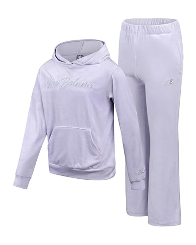New Balance Girls Sweat Set - 2 Piece Velour Pullover Hooded Girls Sweatshirt and Matching Flare Jogger Sweatpants (7-12)