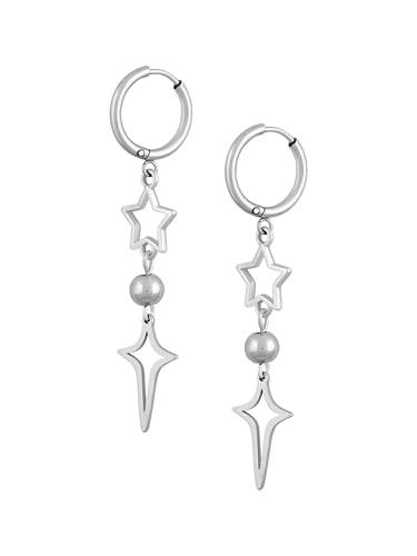 Sacina Silver-tone Spike Hoop Star Earrings, Grunge Emo Punk Y2k Gothic Earrings, Christmas Jewelry Gift for Women