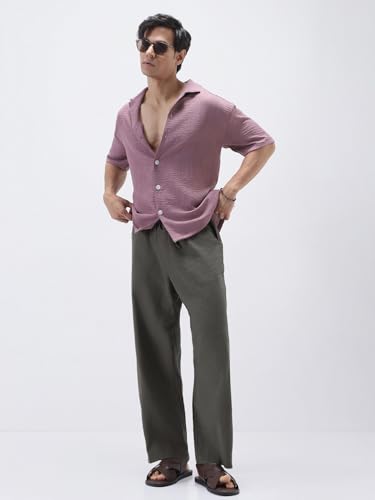 Image of Urbano Fashion Men's Loose Fit Solid Linen Blend Trousers Non-Stretchable
