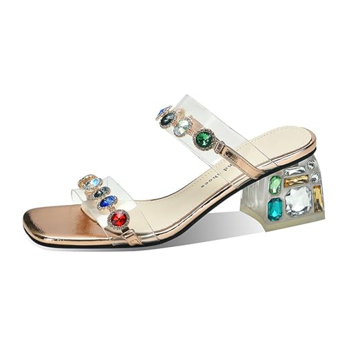 Women's Clear Slip-On Block Heel Sandals Square Open Toe Fashion Rhinestone Backless Mules for Prom Wedding Party Dress Shoes
