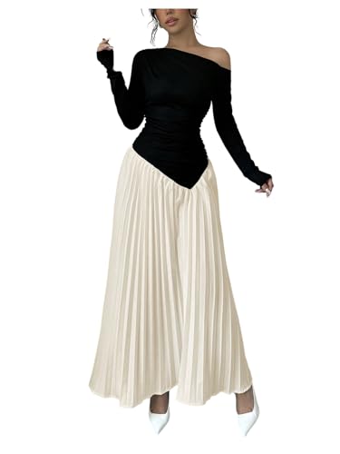 GORGLITTER Women's Pleated Bodycon Maxi Dress Ruched Long Sleeve Asymmetrical Neck Elegant Classy Slip Dresses