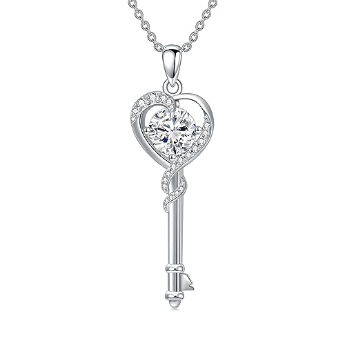 WTIYM Moissanite Diamond Lock Key Pendant Necklace for Women 14K White Gold Plated 925 Sterling Silver Heart Key Necklace Birthday Christmas Gifts for Her Wife Girlfriend, 18+2 Inch