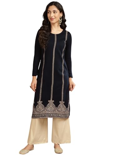 Image of rangita Navy Acrylic Calf Length Printed Straight Kurti for Women | Kurta for Women