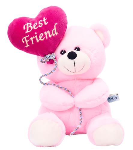 Image of Tickles Cute Teddy Holding Best Friend Heart Balloon Soft Stuffed Plush Toy for Kids Boys & Girls Friendship Birthday Gift (Color: Pink Size: 18 cm)