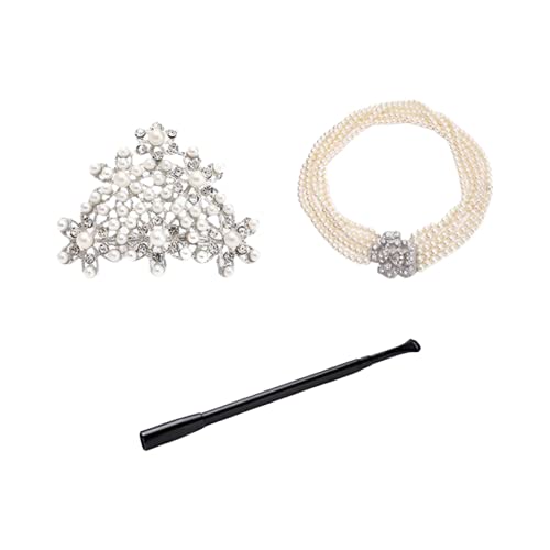3 Piece Costume Jewelry and Accessory Set of Tiara, 5 Strand Necklace, Black Cigarette Holder Inspired by Audrey Hepburn Costume from Breakfast at Tiffany's