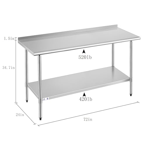 Image of Stainless Steel Table for Prep & Work with Backsplash 24x72 Inches
