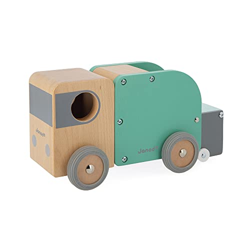 Image of Janod - Bolid Solid Wood Recycling Truck - Magnetic Bin Included - Silent Wheels - Imagination and Fine Motor Skills - Water-Based Paints - 2 Years + J04633, Green