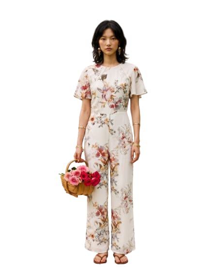 Ivory Bloom Jumpsuit, Floral Print, Cotton, Wide Leg, Open Back, Flutter Sleeve, Women's-image-25
