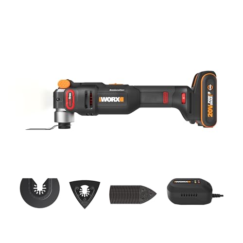 WORX Kabelloses Multifunktionswerkzeug, bürstenlos, 20 V, WX698, verschiedene Materialien, universelle Befestigung, Lieferung mit 2 Klingen, 1 Schleifpad, 20 abgeschnittenen Papieren, 1 Akku 2 Ah und
