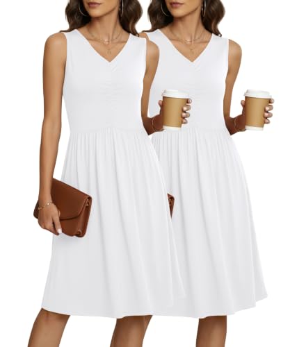 Image of NILOUFO Sleeveless Dress for Women Summer Knee Length Sundress with Pockets | Sundresses for Women Tank Empire Waist Sun Dress Cold Shoulder Casual V Neck Midi Dress Flowy Summer Dresses for Women