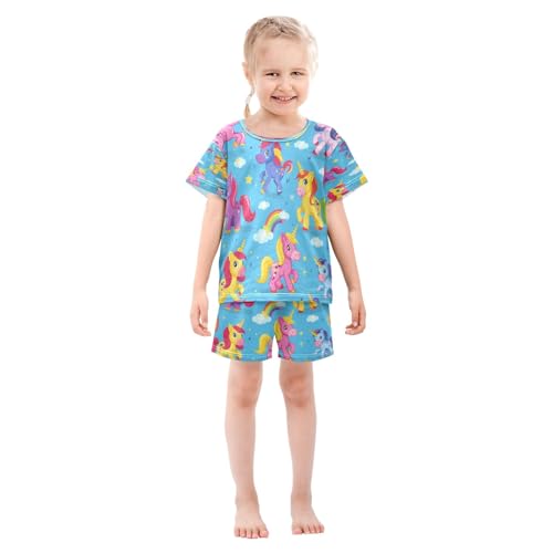 Yellow Pink Horse Kids Pjs Set Boys Girls Summer Short-Sleeve Sleepwear Pajamas 2PCS3