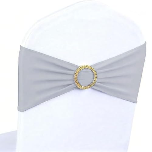Image of 50 Pack Silver Chair Sashes with Gold Buckle Slider, Spandex Grey Chair Bands Bows for Folding Chairs Wedding Party Banquet Decor