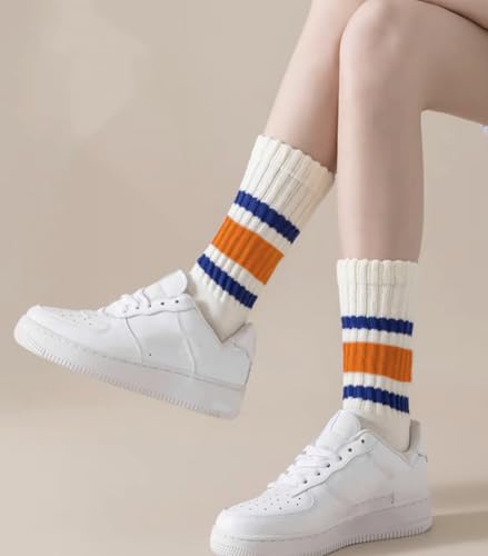 Image of 3 Pairs Women Striped Tube Socks Fun Novelty Cute Crew Socks Retro Sport Mid-Calf Socks for Women Grils
