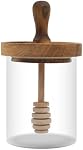 Glass Honey Jar with Dipper - Honey Jar and Dipper Set, Honey Holder Container Stick and set Wooden, Honey Pot Server Storage for Home Kitchen 13.5 Oz