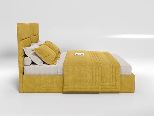 Image of Acacia Modern Upholstered King Size Bed with Box Storage for Bedroom | Wooden Double Bed with Storage | Platform Cot Bed with Upholstery Premium Fabric | 6.5 x 6 Ft | Sheesham Wood (Butter Yellow)