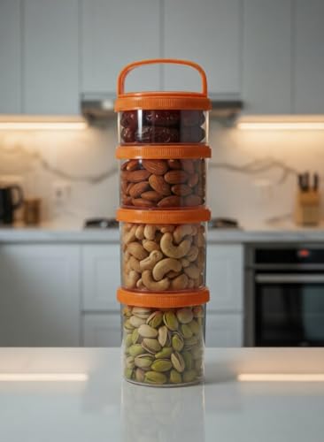 Image of MG Trader's 4 Layer Twist Lock Storage Jar | Stackable BPA-Free & Snack Container | Non-Spill Portable Travel Food Storage for Protein Powder, Dry Fruits & Nuts | 1 PCS | Orange | (OSJ04)