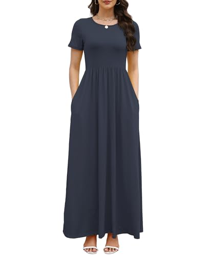 Image of COSSEN Women's Crew Neck Short Sleeve Maxi Dress with Pockets Casual Loose Swing for Wedding Guest Beach Vacation