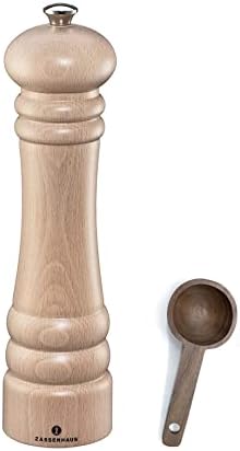 Zassenhaus Berlin Natural Wood Pepper Mill Gift Set, Refillable Grinder, 9.4 Inches - With Wooden Spice Scoop