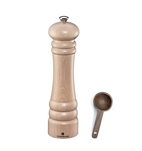 Zassenhaus Berlin Natural Wood Pepper Mill Gift Set, Refillable Grinder, 9.4 Inches - With Wooden Spice Scoop #TOP3