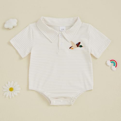 Baby Boy Polo Romper Mallard Duck Button Down Striped T-Shirt Onesie Short Sleeve Collar Bodysuit Summer Outfit2