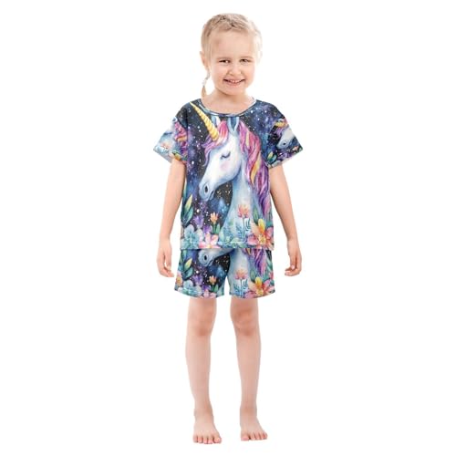 ALAZA Flower Unicorn Leaf Blossom Pajamas Set Short Sleeve Cotton Sleepwear Summer Pjs 2 Piece 5-14Y3