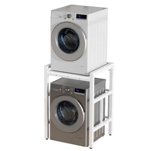 Washer Dryer Stand Stacking Kits 73 x 63cmHeight Adjustable Washing Machine Shelf Over Washer Storage Rack Tumble Dryer Stand Washer Shelf for Laundry Bathroom Up to 250KG (White)