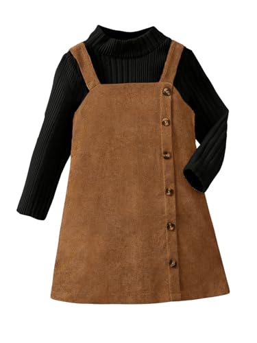 Image of SOLY HUX Toddler Girl's Mock Neck Long Sleeve Tee & Overall Dress | 2 Piece Outfits, Button Front，Winter Overall Set，Fall,Daily Casual